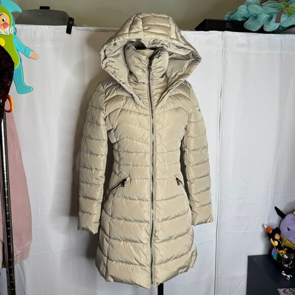 Laundry by Shelli Segal Beige Hooded Long Puffer Coat XS Cinched Waist - Picture 2 of 9